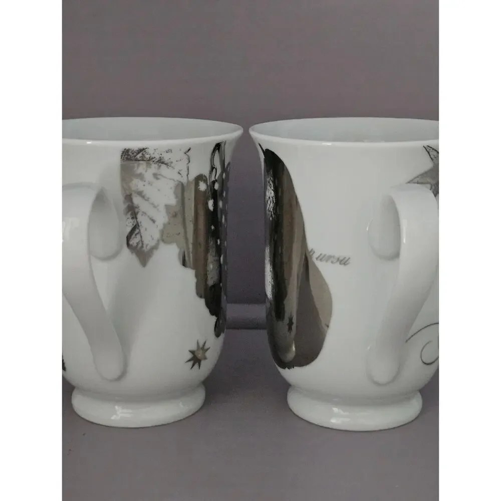 Pottery Barn Cups White Porcelain Fruit Pattern Mug - Silver Accent Set of 2 CA